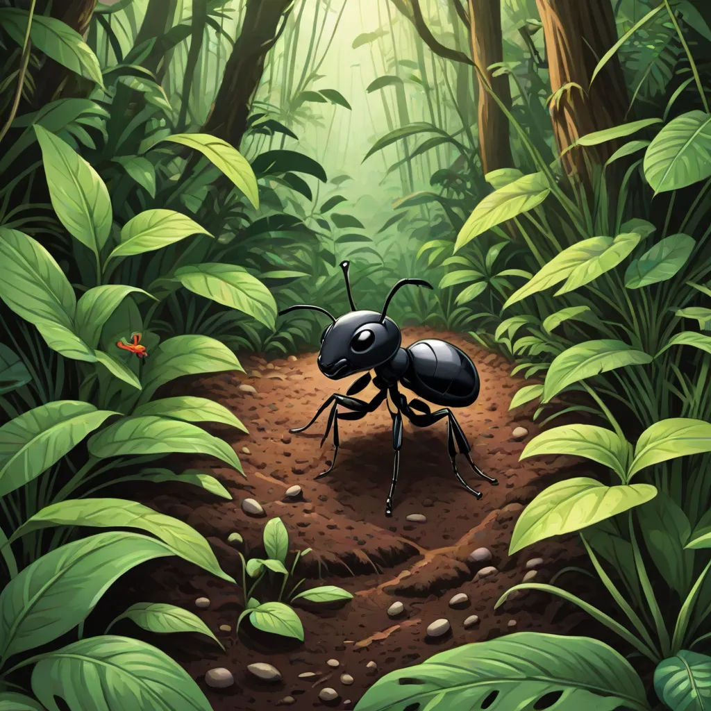 a black ant in the middle of a forest with lots of green leaves and rocks on the ground and a red flower, synthetism, a storybook illustration, Craola, official art