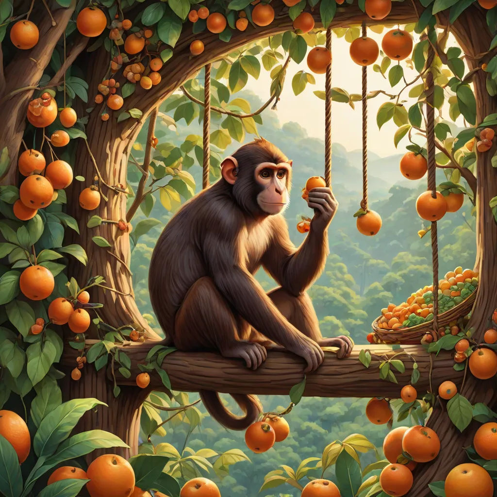 a monkey sitting on a tree branch eating an orange in a forest filled with oranges and trees with oranges, fantasy art, a storybook illustration, Chris LaBrooy, highly detailed digital painting
