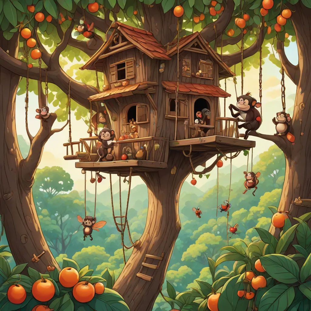 a tree house with monkeys and monkeys in it is surrounded by oranges and trees with hanging fruit on them, fantasy art, a storybook illustration, Chris LaBrooy, highly detailed digital painting