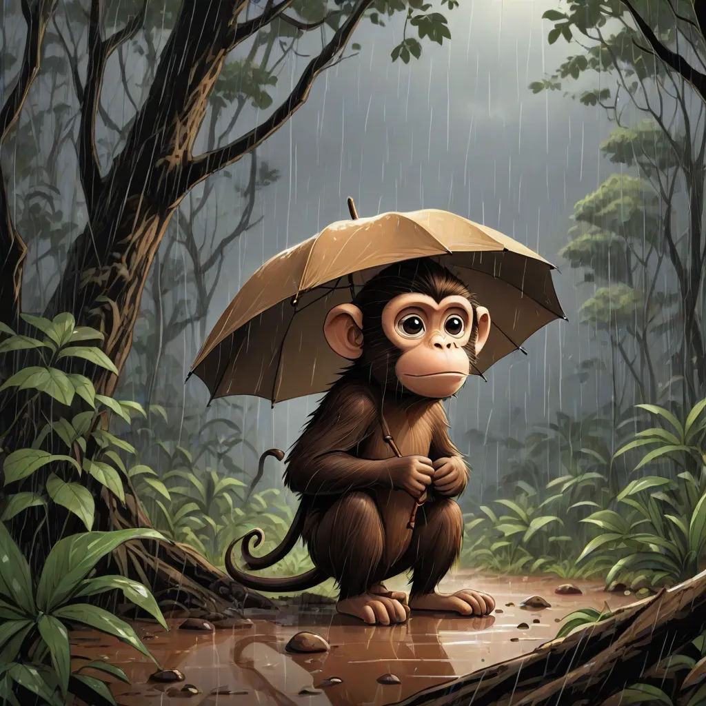 a monkey holding an umbrella in the rain in a forest with trees and plants on the ground and a dark sky, pop surrealism, a storybook illustration, Cliff Childs, highly detailed digital painting
