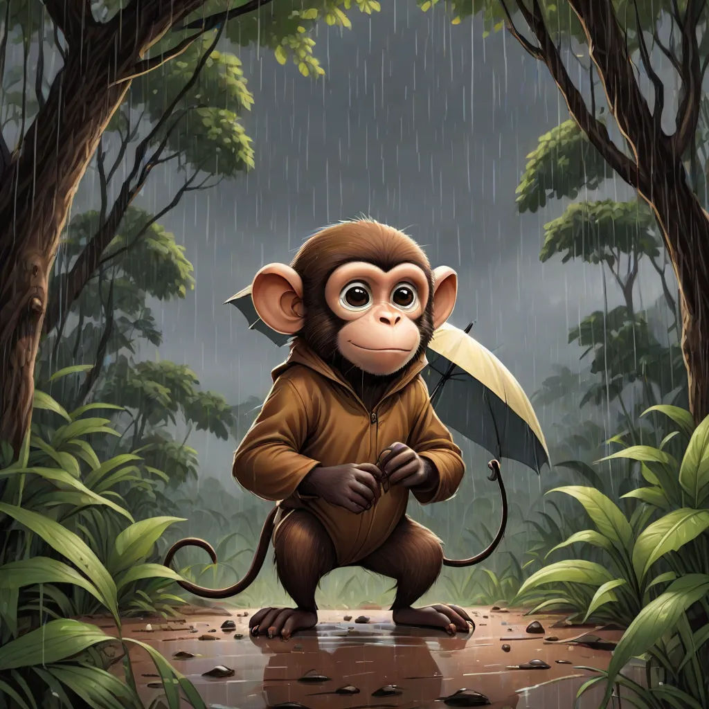 a monkey holding an umbrella in the rain in a forest with trees and plants on the ground and a dark sky, pop surrealism, a storybook illustration, Diego Gisbert Llorens, highly detailed digital painting
