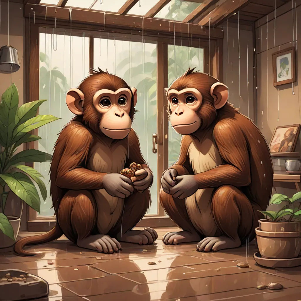 two monkeys sitting on the floor in front of a window eating nuts and looking at each other with a plant in the background, sots art, a storybook illustration, Cyril Rolando, cgstudio