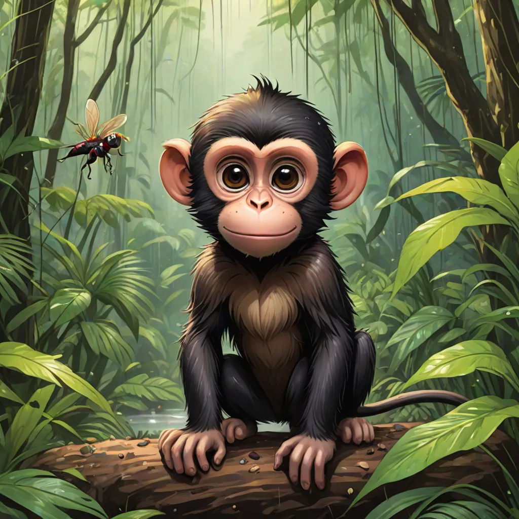 a monkey sitting on a log in the jungle with a fly flying above it and a bug in the background, sumatraism, a digital painting, Alex Petruk APe, highly detailed digital painting