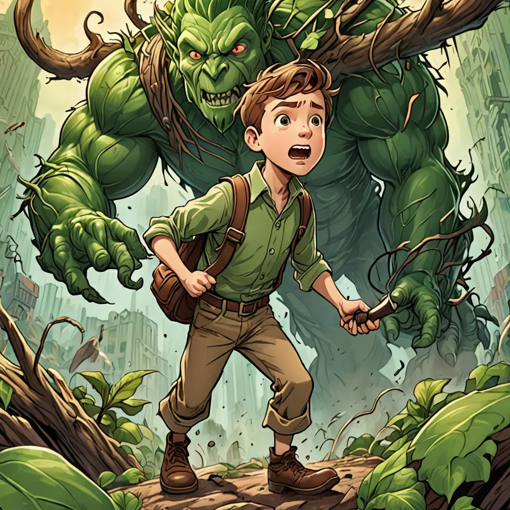 a boy is walking in front of a giant monster with a backpack on his back and a bag on his shoulder, fantasy art, a storybook illustration, Cliff Childs, comic cover art