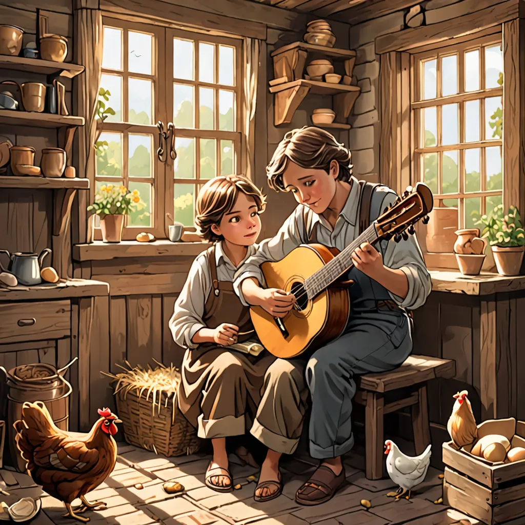 a man and a child are playing a guitar in a kitchen with chickens and chickens around them, and a window, fantasy art, a storybook illustration, Brothers Hildebrandt, storybook illustration