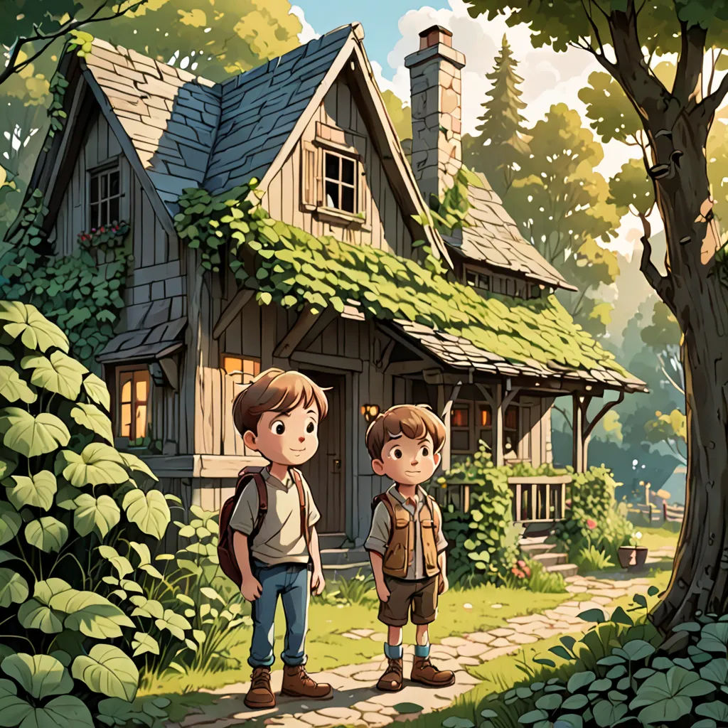 a couple of kids standing in front of a house with a green roof and a tree in front of them, plein air, a storybook illustration, Diego Gisbert Llorens, rossdraws global illumination