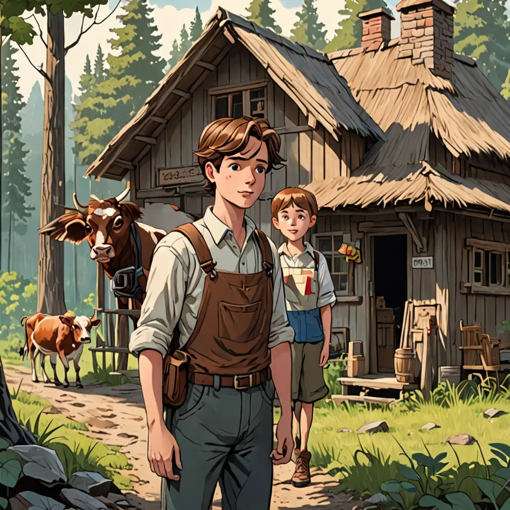 a man and a boy standing in front of a cabin with a cow and a cow in the background, fantastic realism, a storybook illustration, Brothers Hildebrandt, official art