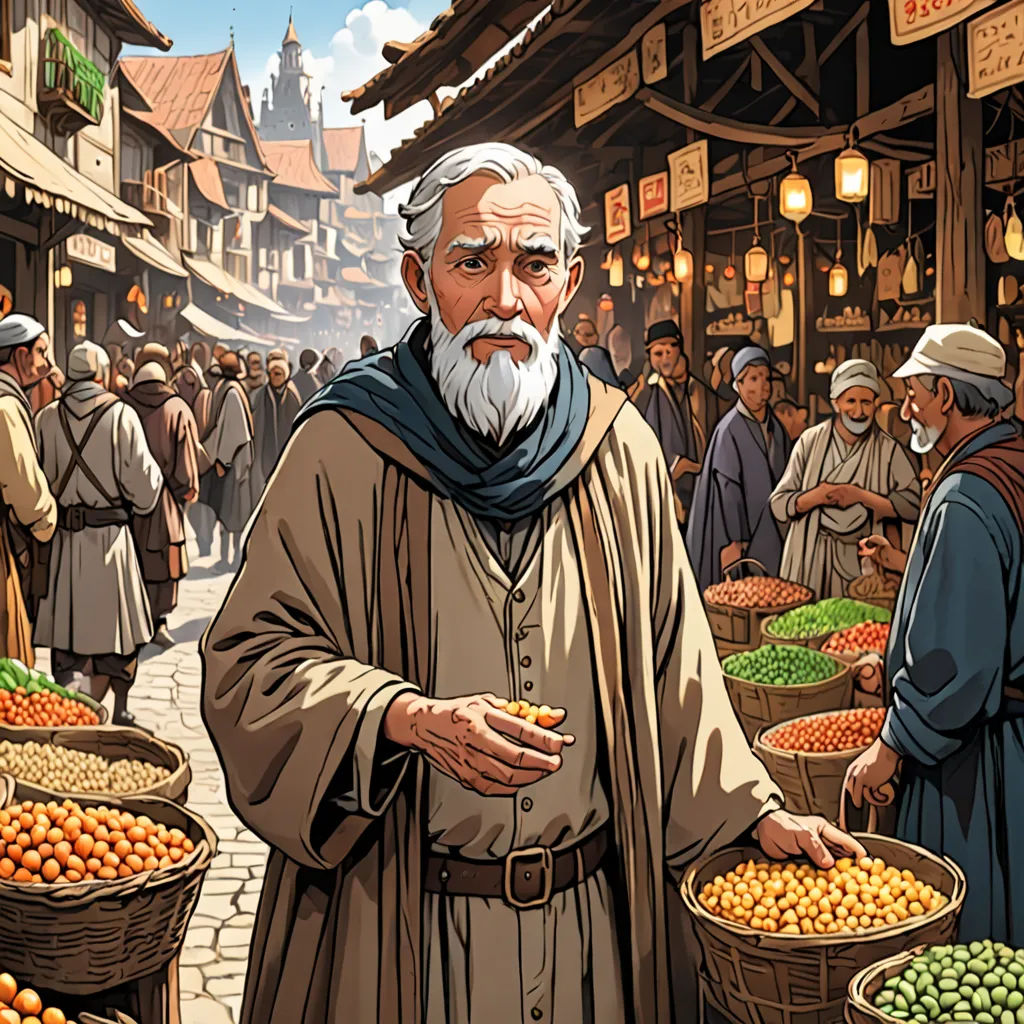 a man standing in front of a market filled with lots of oranges and other fruits and vegetables in baskets, fantasy art, a storybook illustration, Asaf Hanuka, high detail illustration