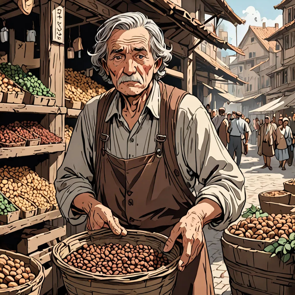 a man holding a basket of nuts in front of a market area with people walking around it and a building in the background, arts and crafts movement, a comic book panel, Edward Sorel, highly detailed digital art