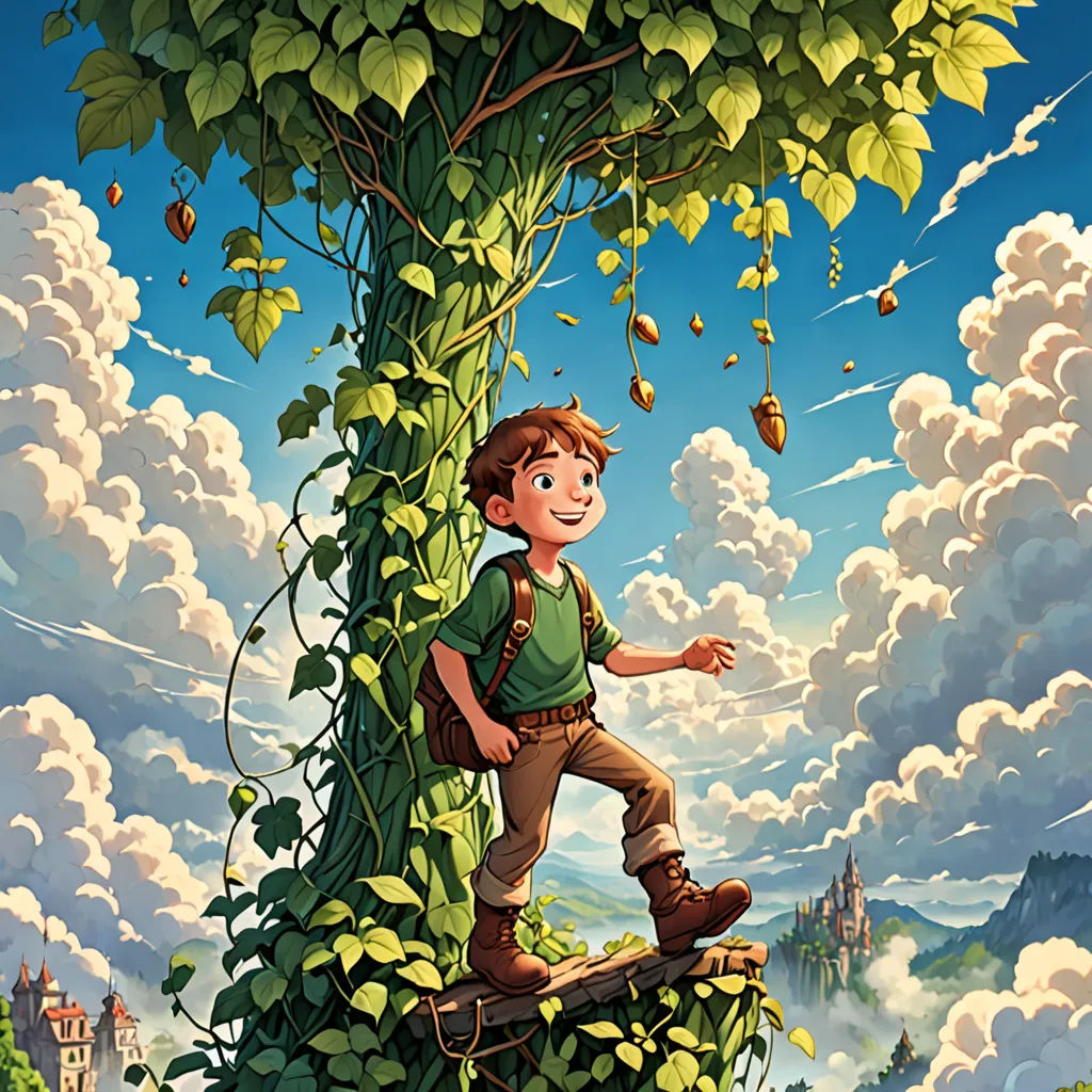 a boy is climbing a tree on a skateboard in the air with clouds in the background and a castle in the distance, fantasy art, a storybook illustration, Aaron Jasinski, rossdraws global illumination