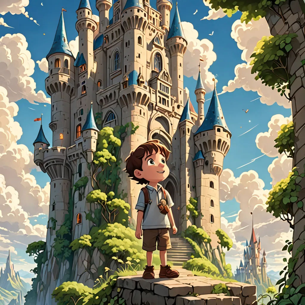 a boy standing on a rock in front of a castle with a princess standing on it's side, fantasy art, a detailed matte painting, Cliff Childs, rossdraws global illumination