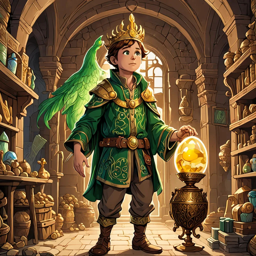 a man in a green outfit holding a crystal ball in a room full of shelves and shelves with books, fantasy art, a storybook illustration, Clint Cearley, rossdraws global illumination