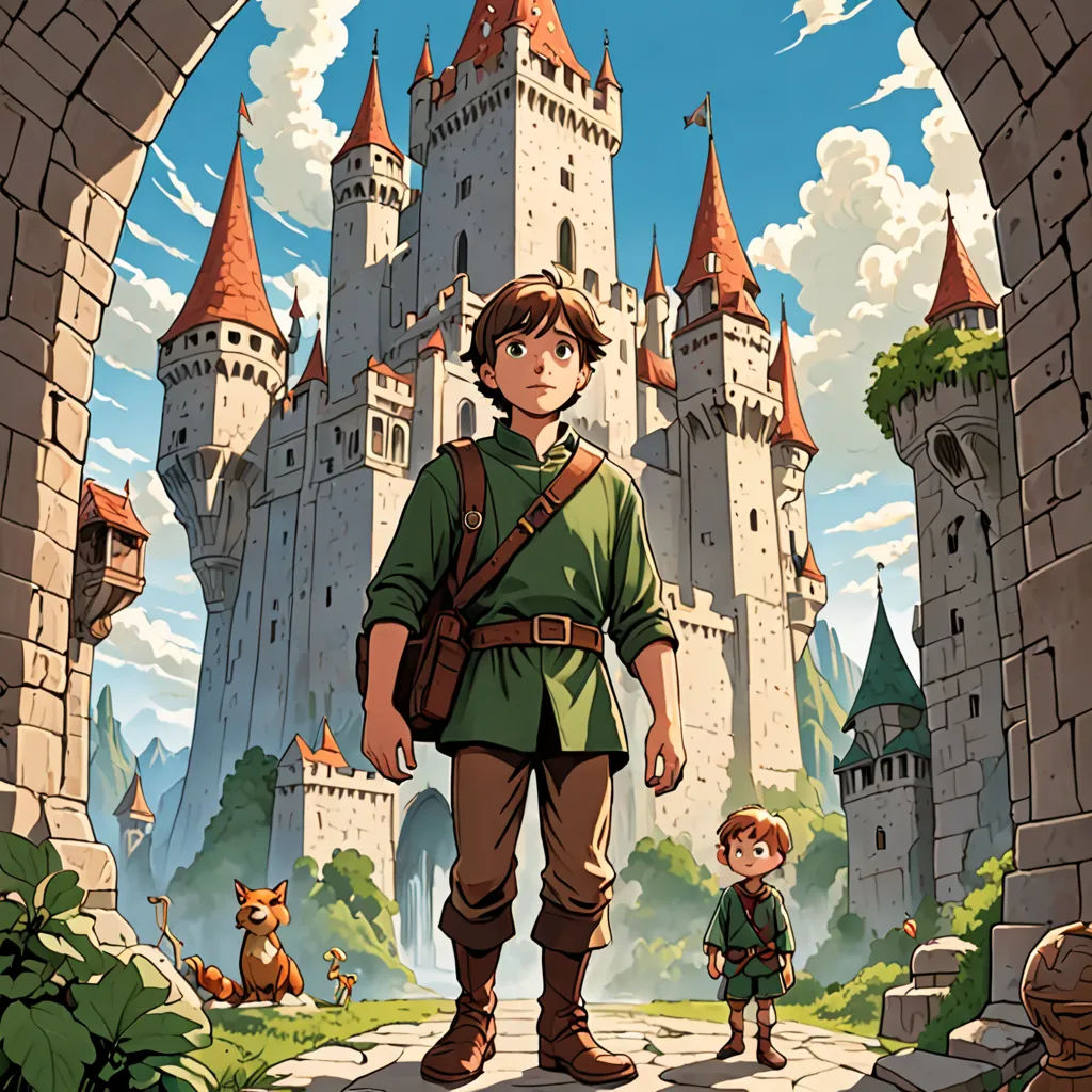 a man and a child standing in front of a castle with a castle in the background and a dog in the foreground, fantasy art, poster art, Brothers Hildebrandt, official art