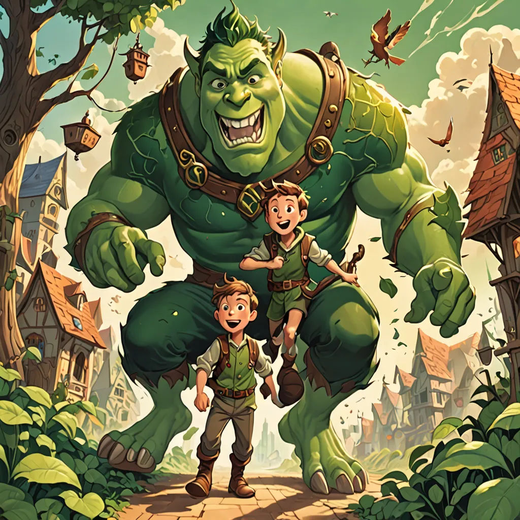 a cartoon of a man and a boy standing in front of a giant green monster with a huge smile, fantasy art, a storybook illustration, Alex Horley, fantasy illustration