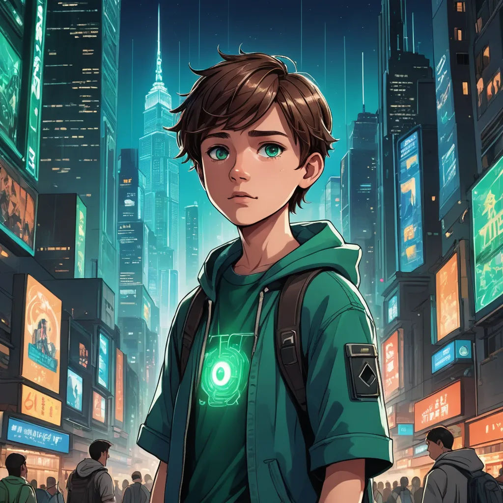 a boy in a green shirt standing in a city at night with a green light on his chest and a green light on his chest, retrofuturism, cyberpunk art, Clint Cearley, stanley artgerm lau
