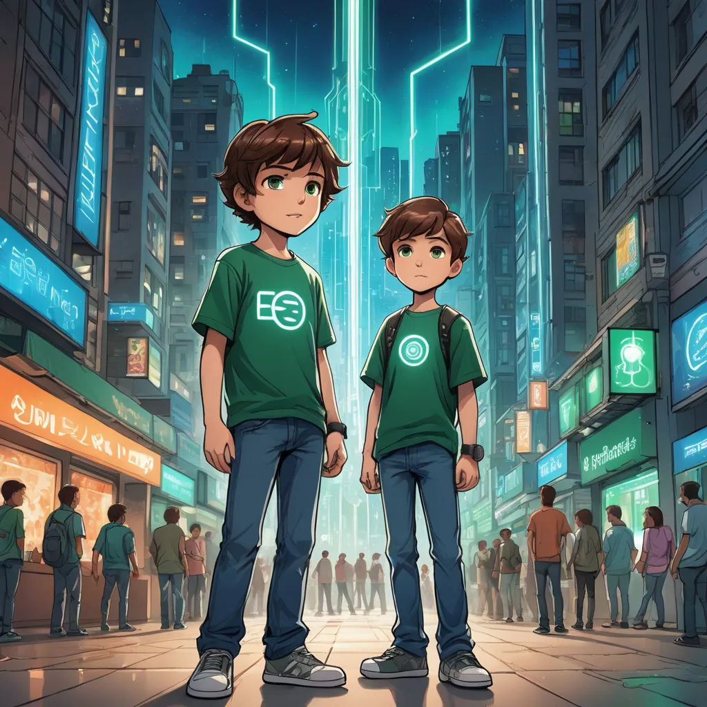 two young boys standing in front of a cityscape with a neon light in the background and a neon light in the middle, rayonism, concept art, Cedric Seaut (Keos Masons), rossdraws global illumination