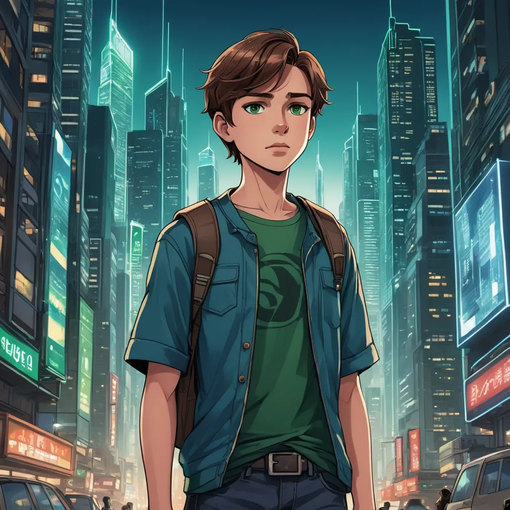 a young man standing in front of a city at night with a backpack on his back and a cityscape in the background, sots art, a character portrait, Cedric Seaut (Keos Masons), rossdraws global illumination