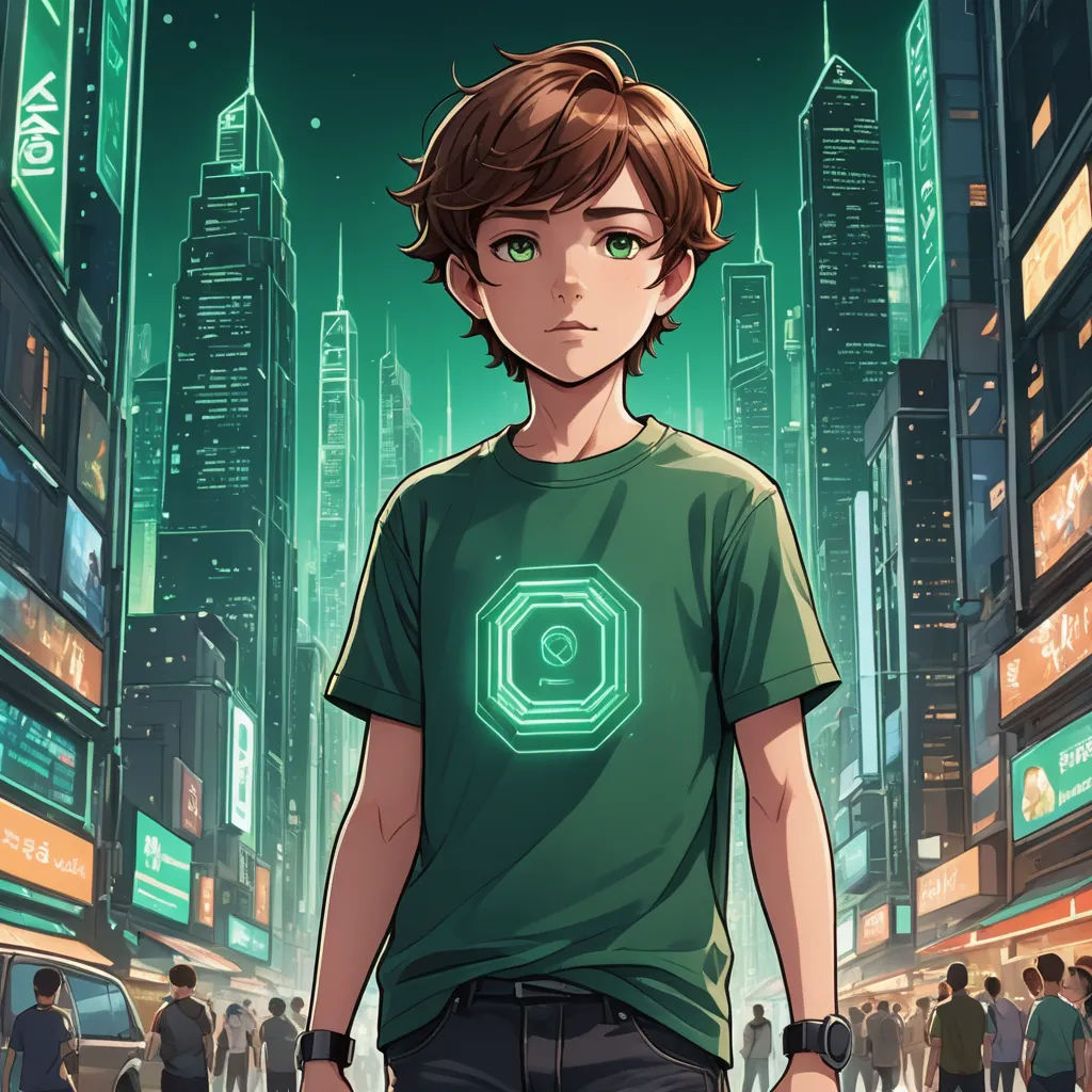 a man standing in front of a cityscape with a green light on his shirt and a green light on his shirt, holography, a character portrait, Cedric Seaut (Keos Masons), rossdraws global illumination