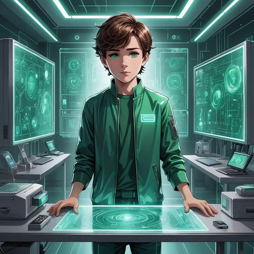 a man standing in a room with a computer screen and a monitor on it's desk, with a green light shining on the screen, sots art, a character portrait, Cedric Seaut (Keos Masons), character art