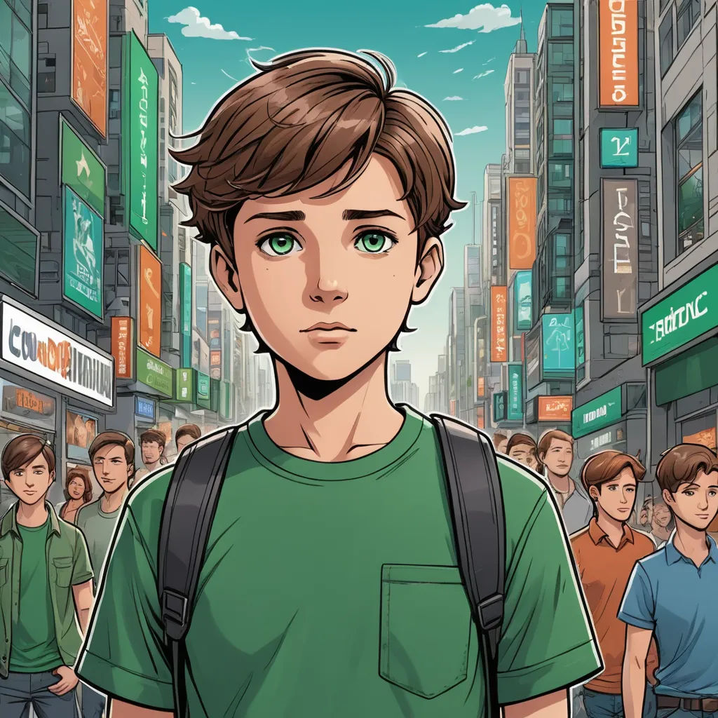 a man with a backpack standing in front of a crowd of people in a city street with a green shirt, neo-figurative, a comic book panel, Cedric Seaut (Keos Masons), graphic novel