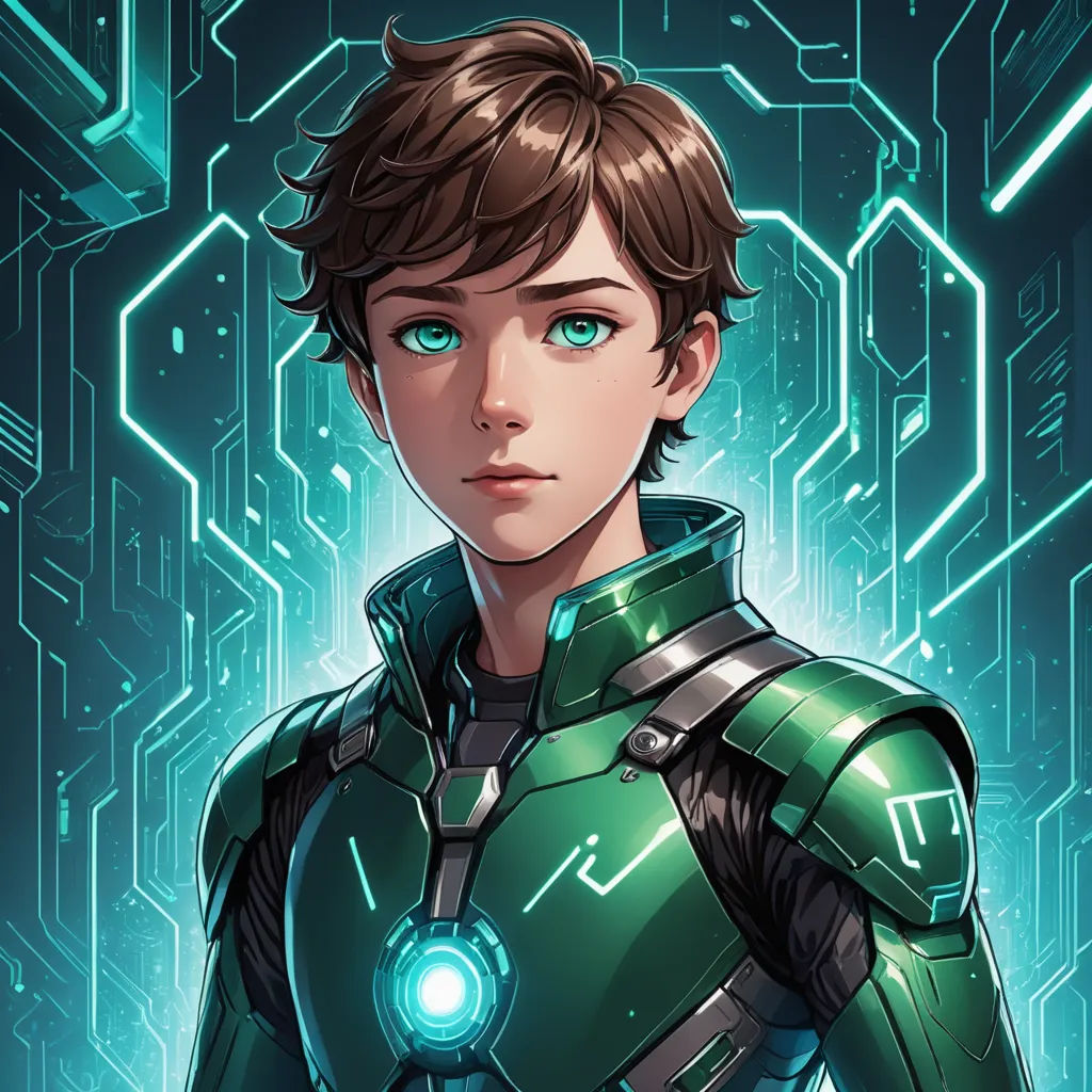 a young man in a green suit with a futuristic background and blue eyes, standing in front of a circuit board, rayonism, a character portrait, Cedric Peyravernay, rossdraws global illumination