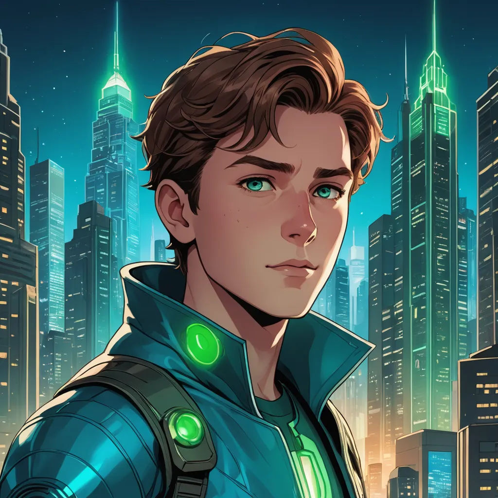 a man in a futuristic city with a green light on his face and a cityscape in the background, sots art, a character portrait, Everett Warner, rossdraws global illumination