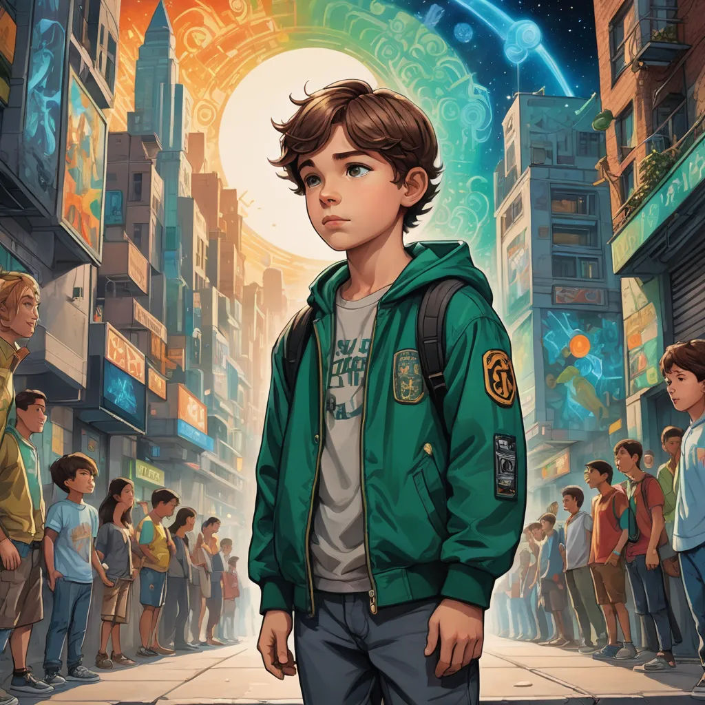 a boy in a green jacket standing in front of a crowd of people in a city street with a neon light, rayonism, a detailed painting, Aaron Jasinski, rossdraws global illumination