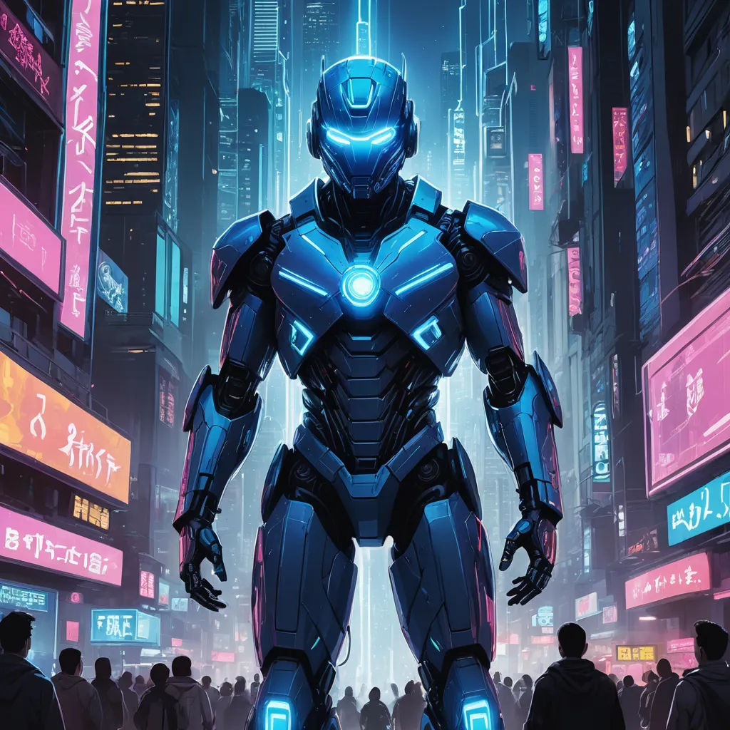 a robot standing in a city at night with neon lights on it's face and arms, with a cityscape in the background, panfuturism, cyberpunk art, Ai-Mitsu, rossdraws global illumination