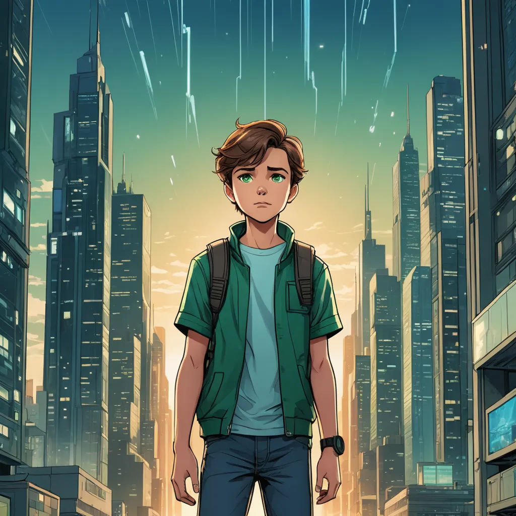 a young man standing in front of a cityscape with a rain falling down on him and a cityscape in the background, sots art, concept art, Cedric Seaut (Keos Masons), rossdraws global illumination