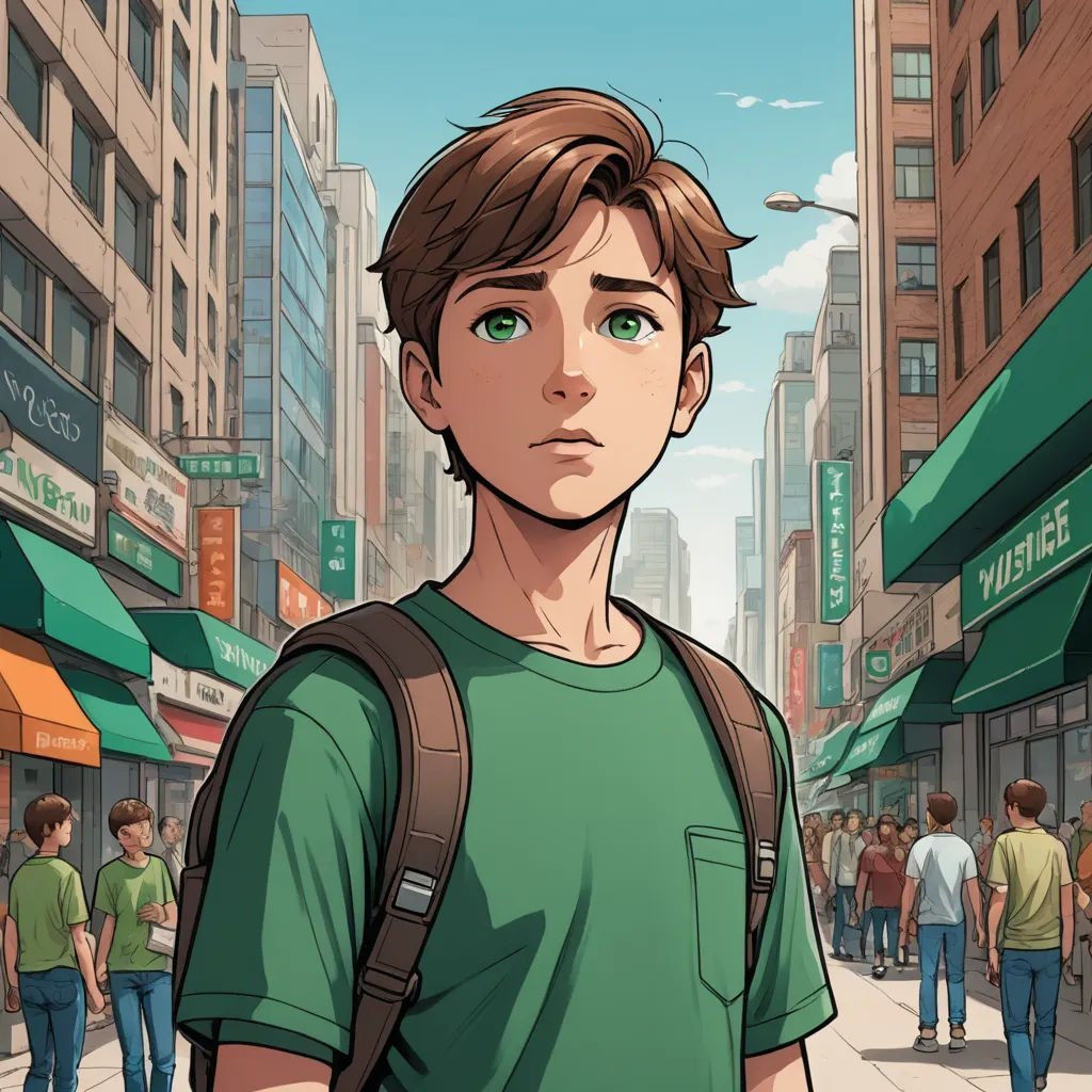 a man with a backpack standing in front of a city street with people walking around him and buildings in the background, american realism, a comic book panel, Cedric Seaut (Keos Masons), rossdraws global illumination