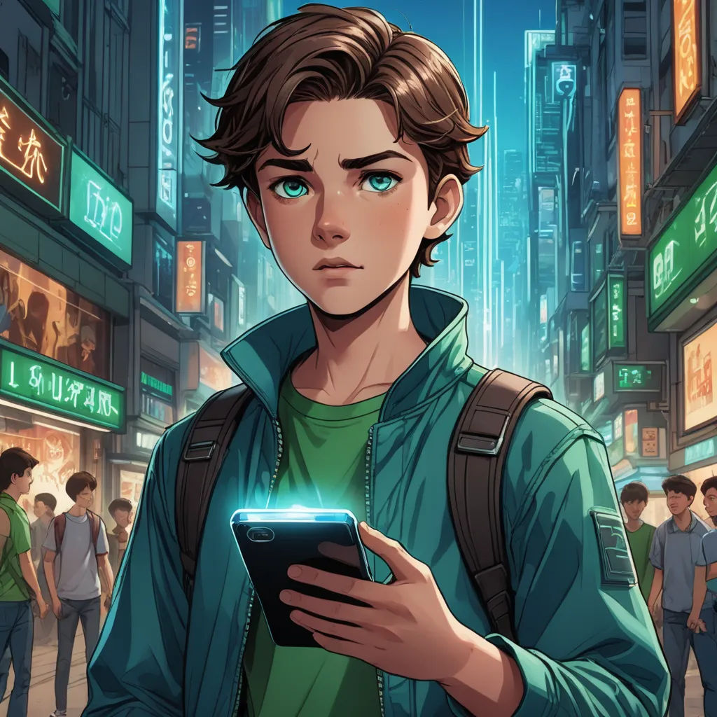 a man holding a tablet in a city at night with people walking around him and a neon light shining on his face, sots art, a character portrait, Cedric Seaut (Keos Masons), rossdraws global illumination