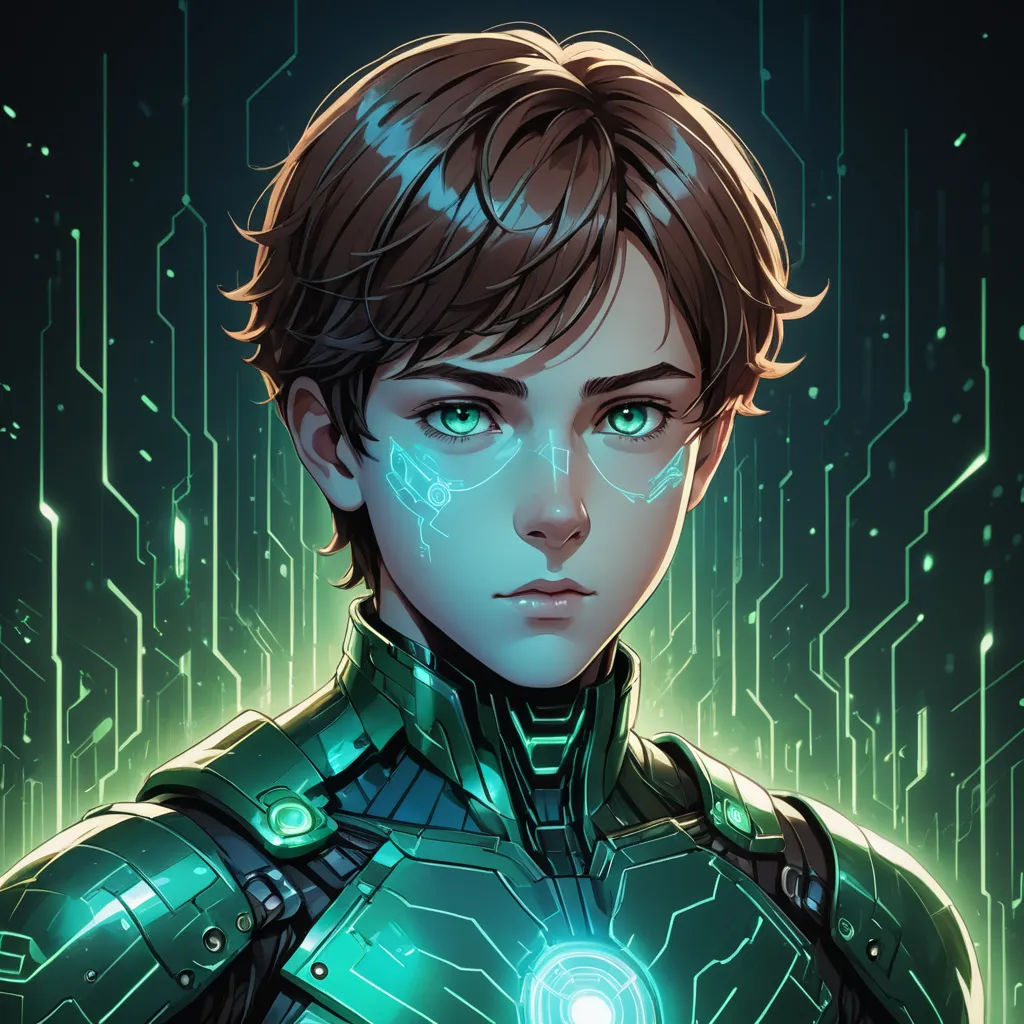 a man in a green suit with a glowing light on his chest and a circuit board background in the background, fantasy art, cyberpunk art, Cedric Peyravernay, stanley artgerm lau