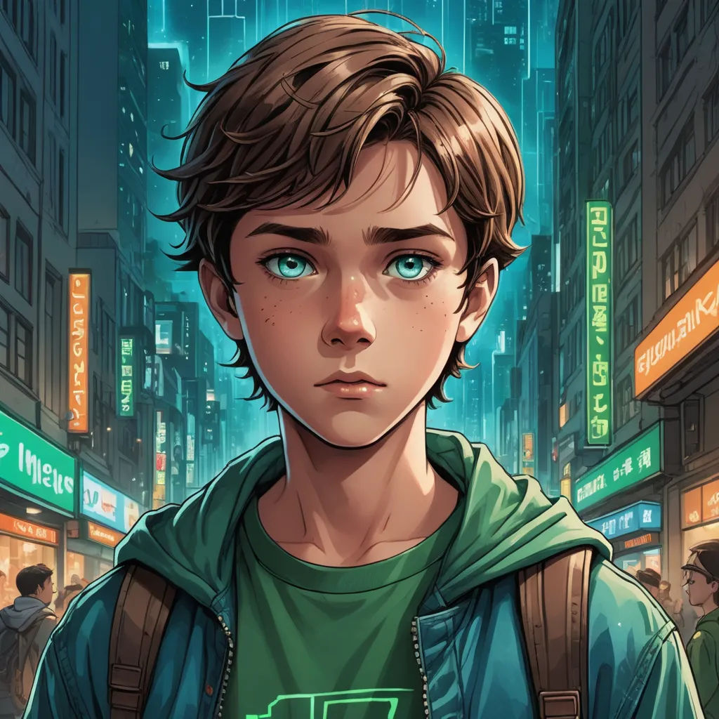 a boy in a green shirt is standing in a city street with a green bus on the street and a green bus on the street, photorealism, a comic book panel, Aaron Jasinski, stanley artgerm lau