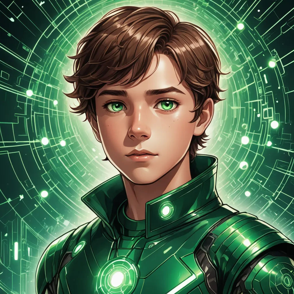 a young man in a green suit with a green light shining on his face and a green background with circles, fantasy art, a comic book panel, Artgerm, stanley artgerm lau