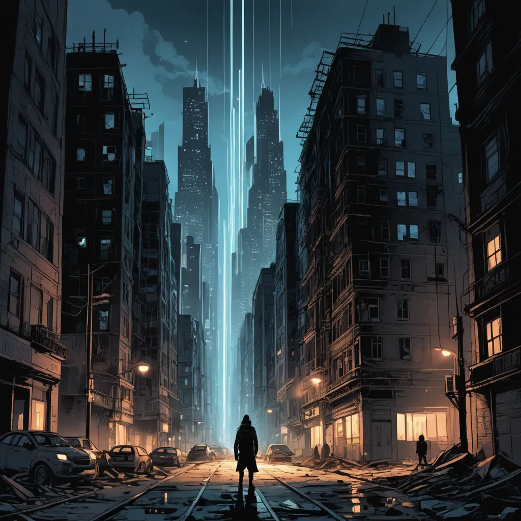 a man standing in a city street at night with a beam in the sky above him and buildings on either side, neo-figurative, poster art, Dan Mumford, comic cover art