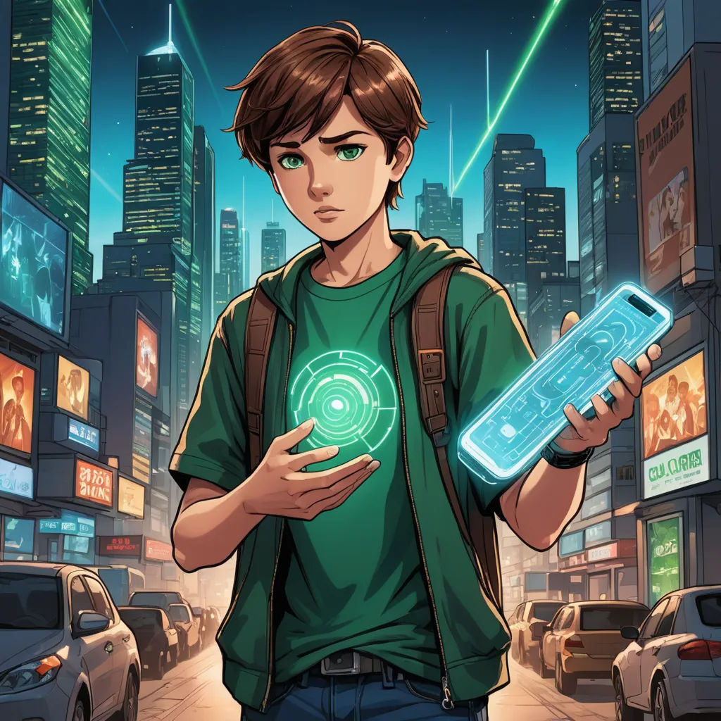 a man holding a cell phone in his hands in a city at night with neon lights on the buildings, holography, a hologram, Cedric Seaut (Keos Masons), rossdraws global illumination