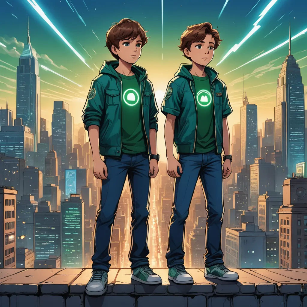 two young men standing on a ledge in front of a city skyline with bright lights and a green lantern, rayonism, concept art, Brothers Hildebrandt, rossdraws global illumination