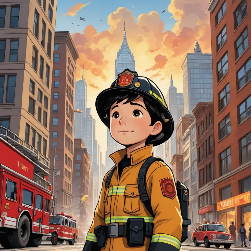 a cartoon fireman standing in the middle of a city street with a fire truck in the background and a fire truck in the foreground, american scene painting, a comic book panel, Cliff Childs, official art
