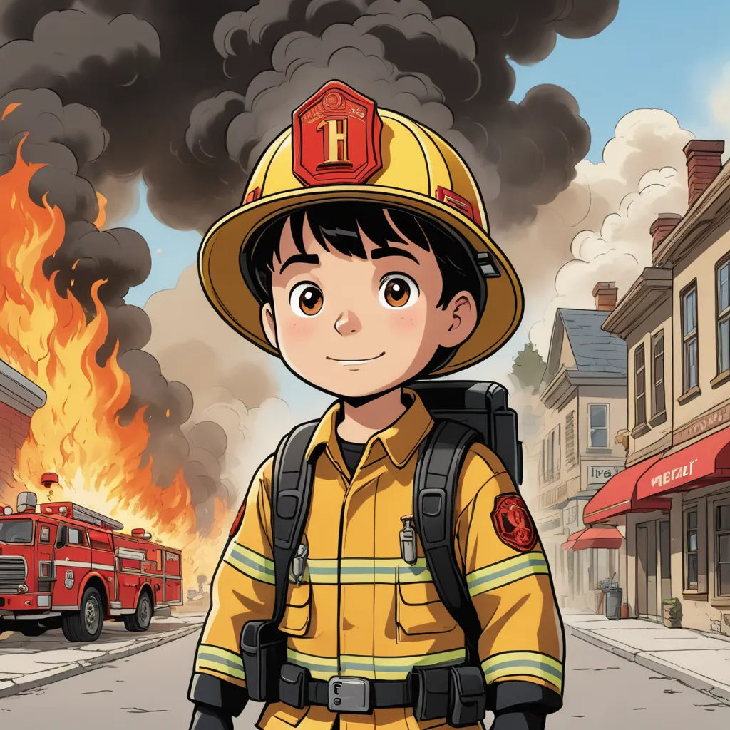 a cartoon boy in a fireman's uniform standing in front of a fire truck with a fire coming out of it, paris school, a comic book panel, Chris LaBrooy, official art