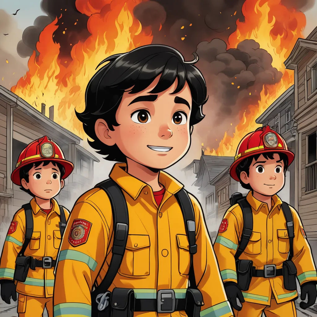 a cartoon of a boy in a fire suit and two other boys in fire suits standing in front of a fire, lyco art, a comic book panel, Diego Gisbert Llorens, comic cover art