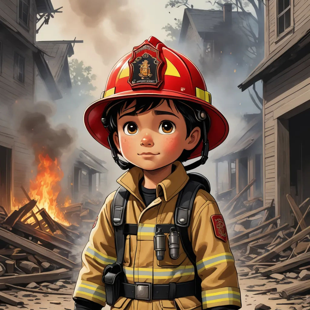 a cartoon picture of a firefighter standing in front of a fire scene with a fire truck in the background, american realism, a storybook illustration, Bob Byerley, highly detailed digital painting