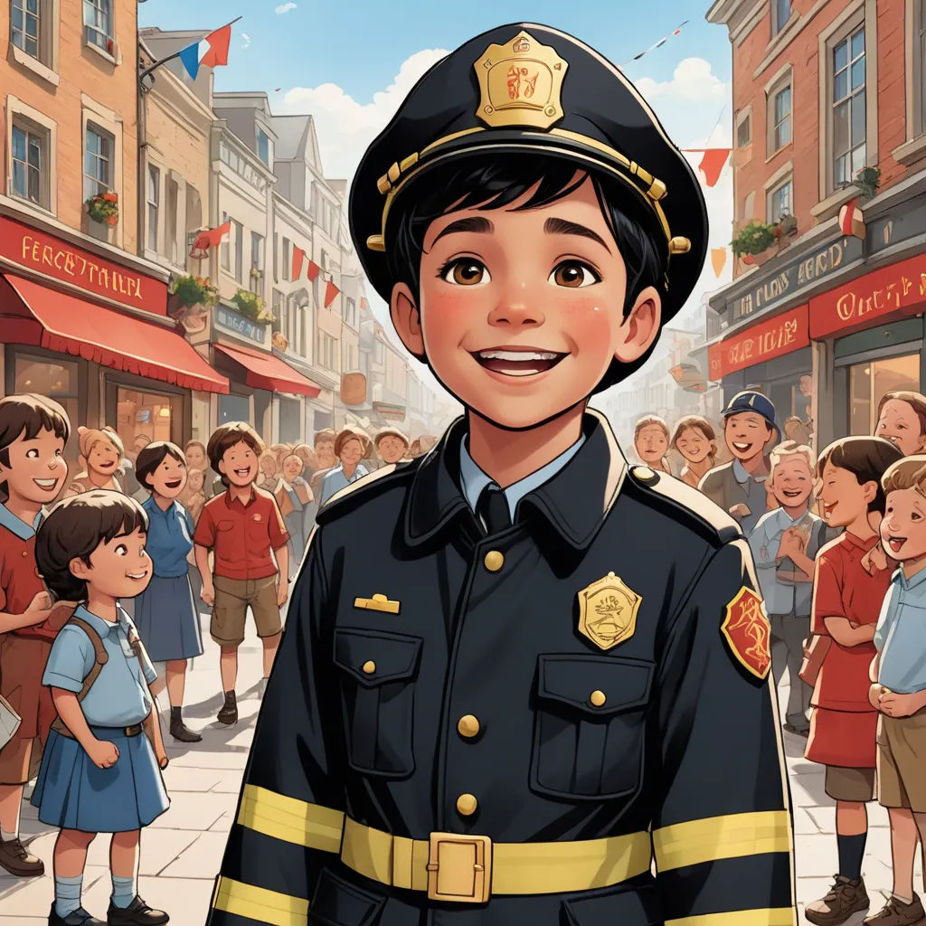 a cartoon of a boy in a police uniform in front of a crowd of children in a city street, american scene painting, a storybook illustration, Diego Gisbert Llorens, official art