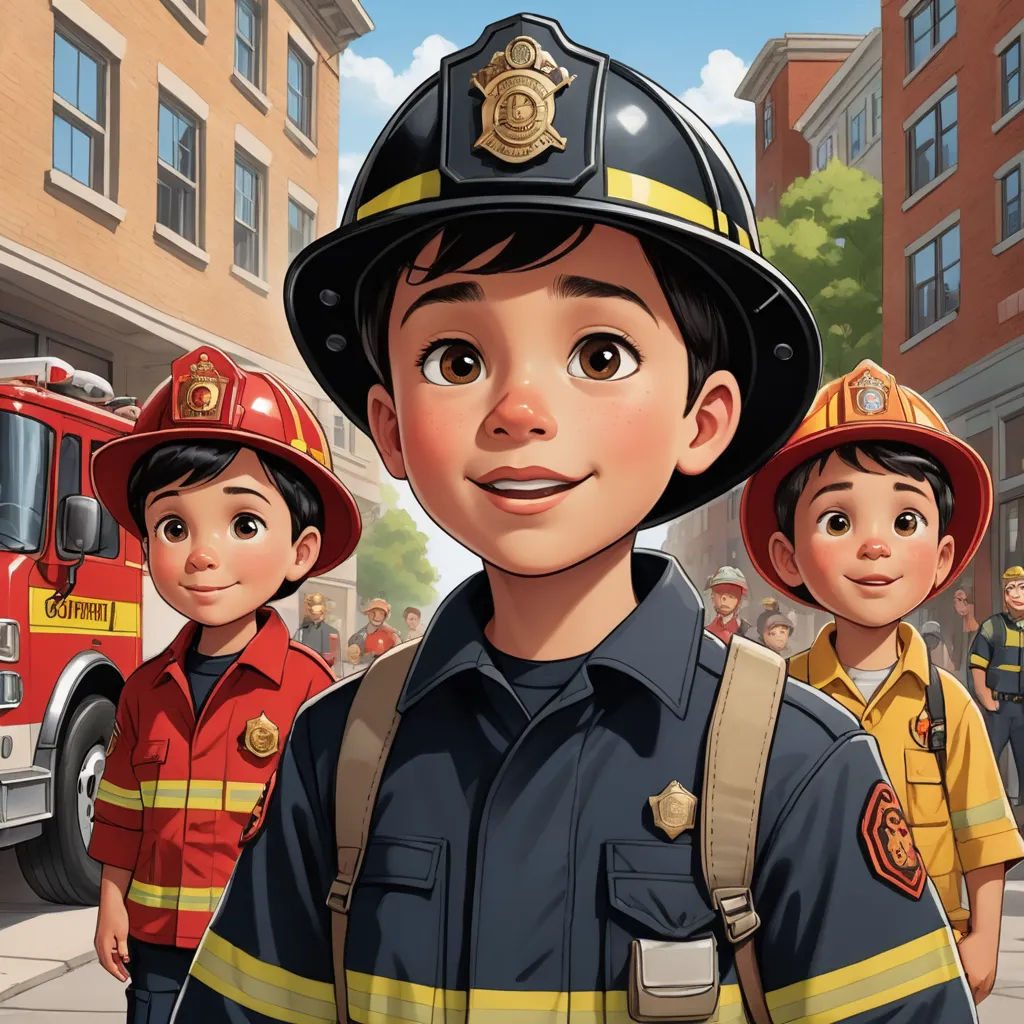 a cartoon of a fireman and two children standing in front of a fire truck and a fireman, photorealism, a storybook illustration, David Park, official art