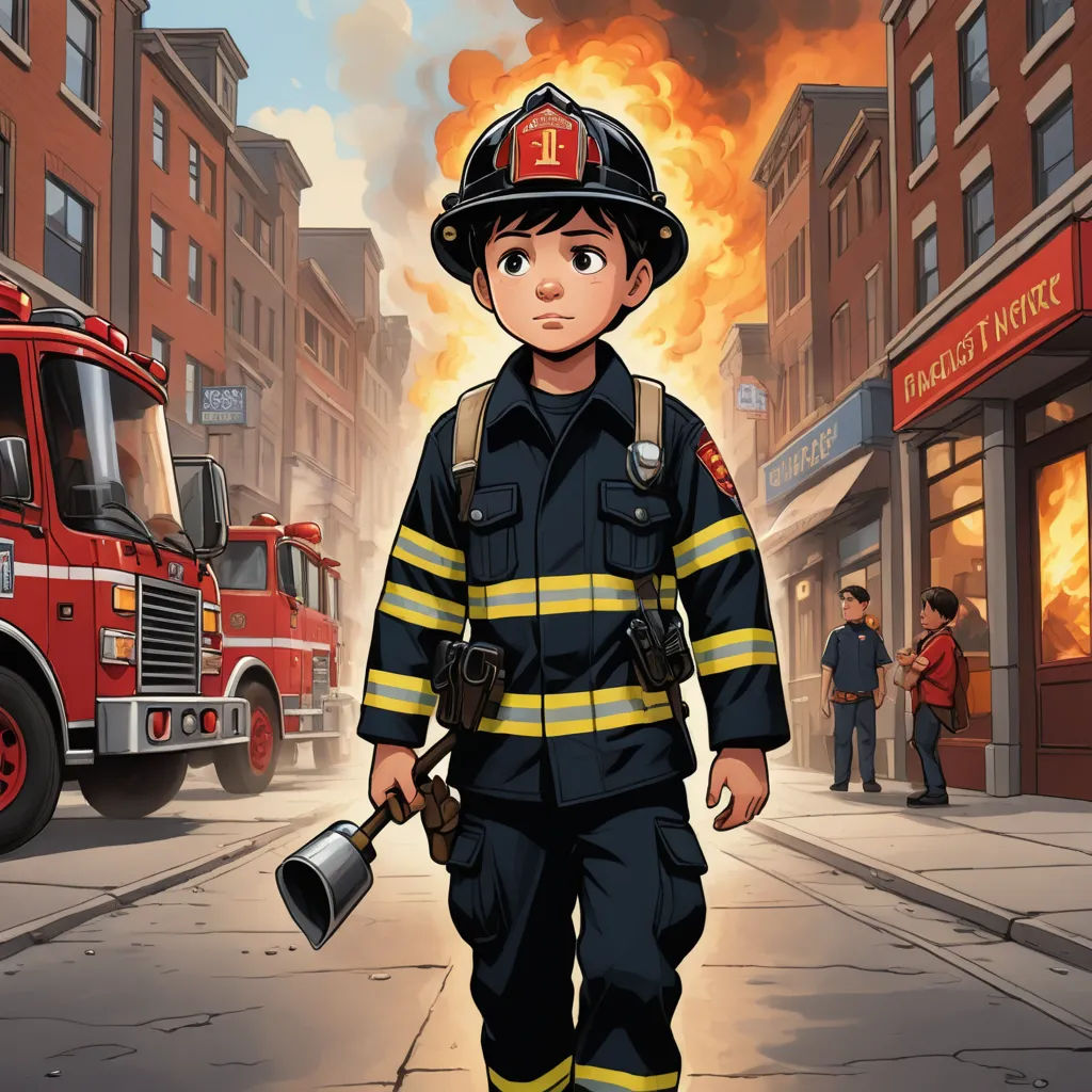 a cartoon fireman walking down a street with a fire truck in the background and a fire truck in the foreground, underground comix, a comic book panel, David Park, graphic novel