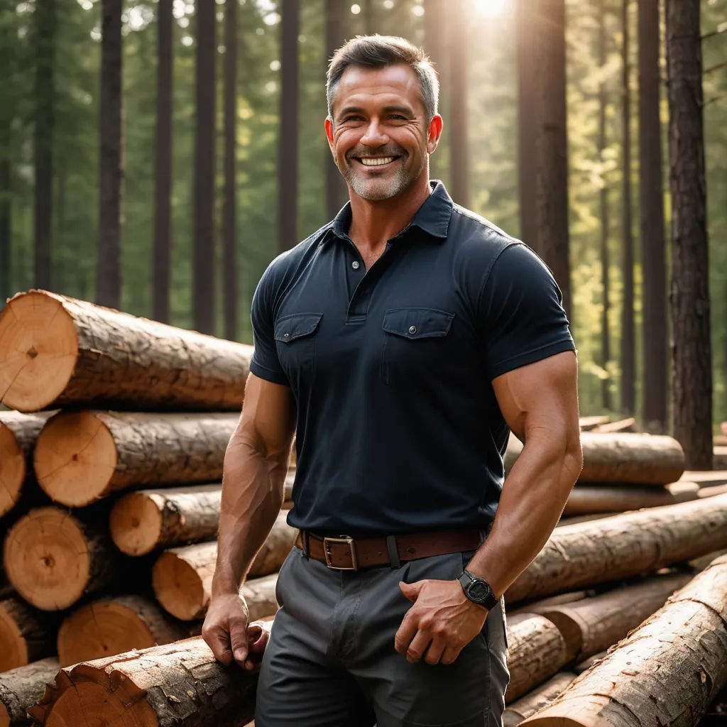 a man standing in front of a pile of logs in the woods with a smile on his face and a smile on his face, precisionism, a stock photo, Brian Alfred, masculine