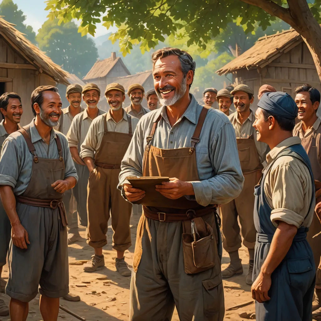 a painting of a man holding a plate in front of a group of men in uniform standing in front of a village, magical realism, a colorized photo, Fan Kuan, promotional image