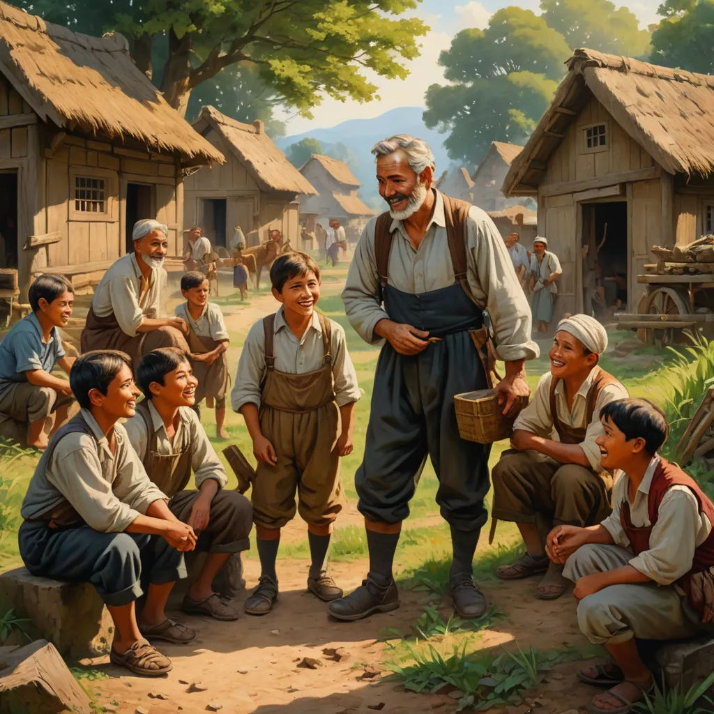 a painting of a man standing in front of a group of people in a village with a man holding a basket, socialist realism, a storybook illustration, Brothers Hildebrandt, set in 1860