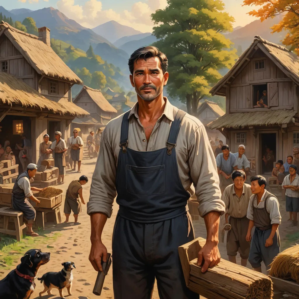 a painting of a man holding a piece of wood in front of a village with a dog and a man with a dog, socialist realism, a detailed matte painting, F. Scott Hess, kinkade