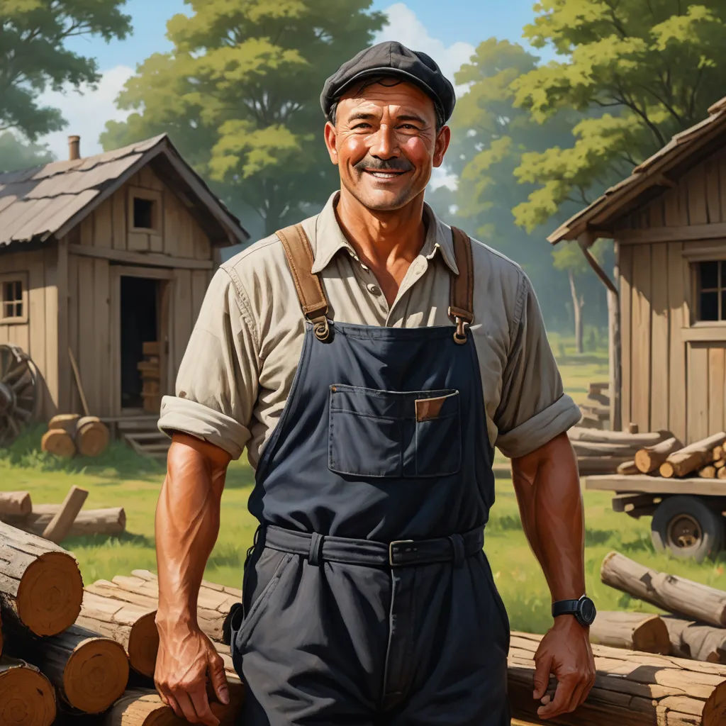 a man standing in front of a pile of logs in a yard with a painting of a man in the background, american scene painting, a character portrait, Albert Nemethy, professional digital painting