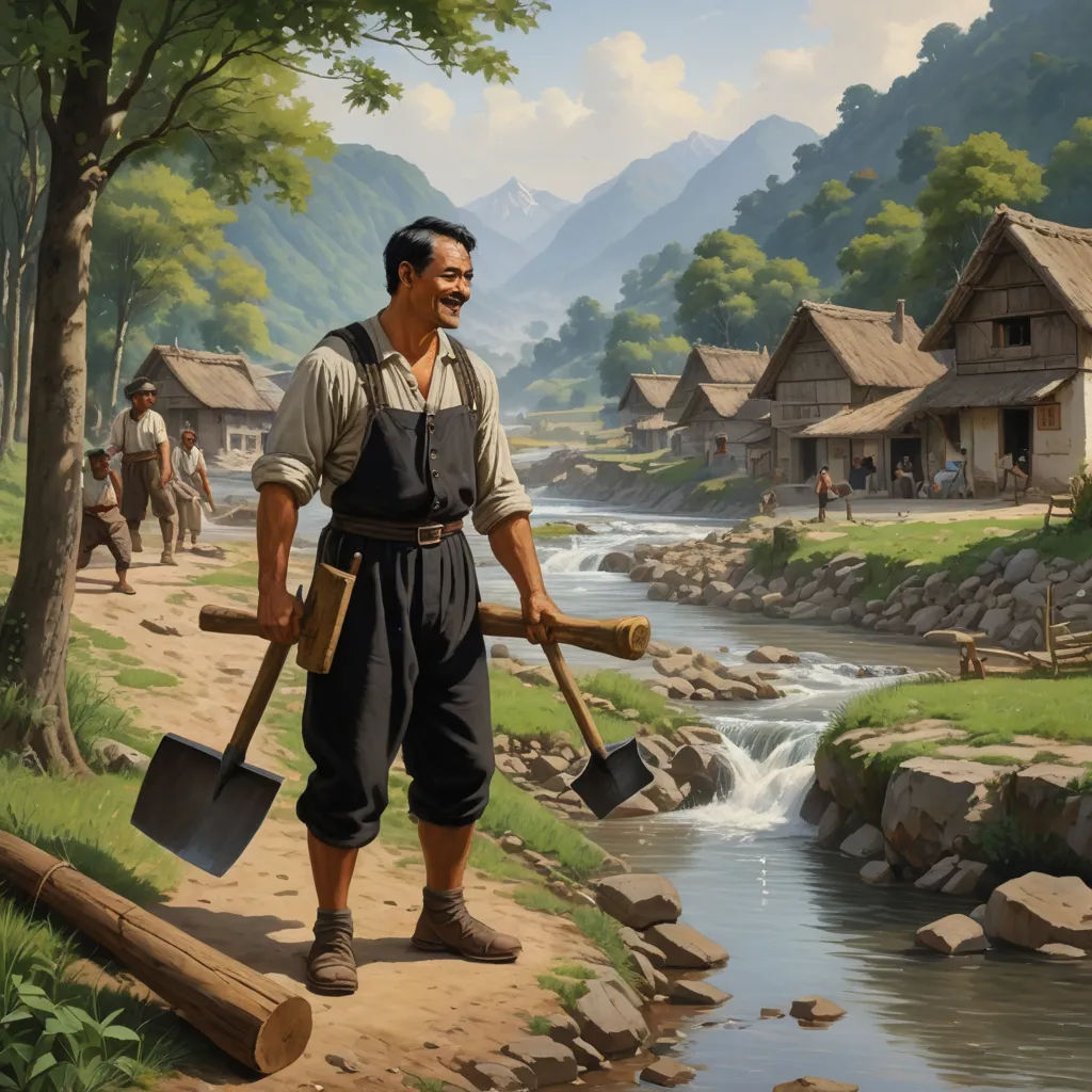 a painting of a man holding two shovels and a log in his hand while standing on a path, american scene painting, a detailed matte painting, Brothers Hildebrandt, utopian